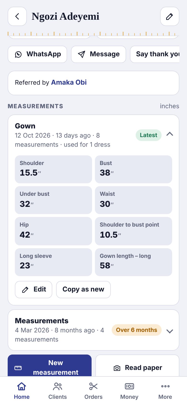 A client profile with measurement sets