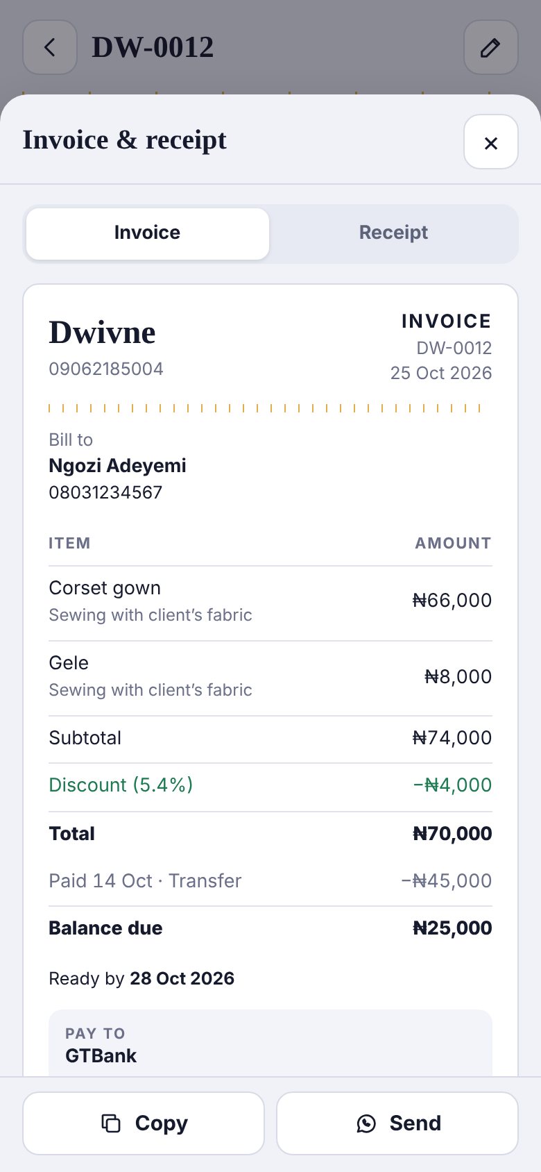 An invoice with discount and balance
