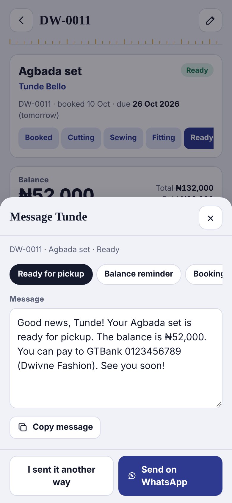 A ready-for-pickup WhatsApp message